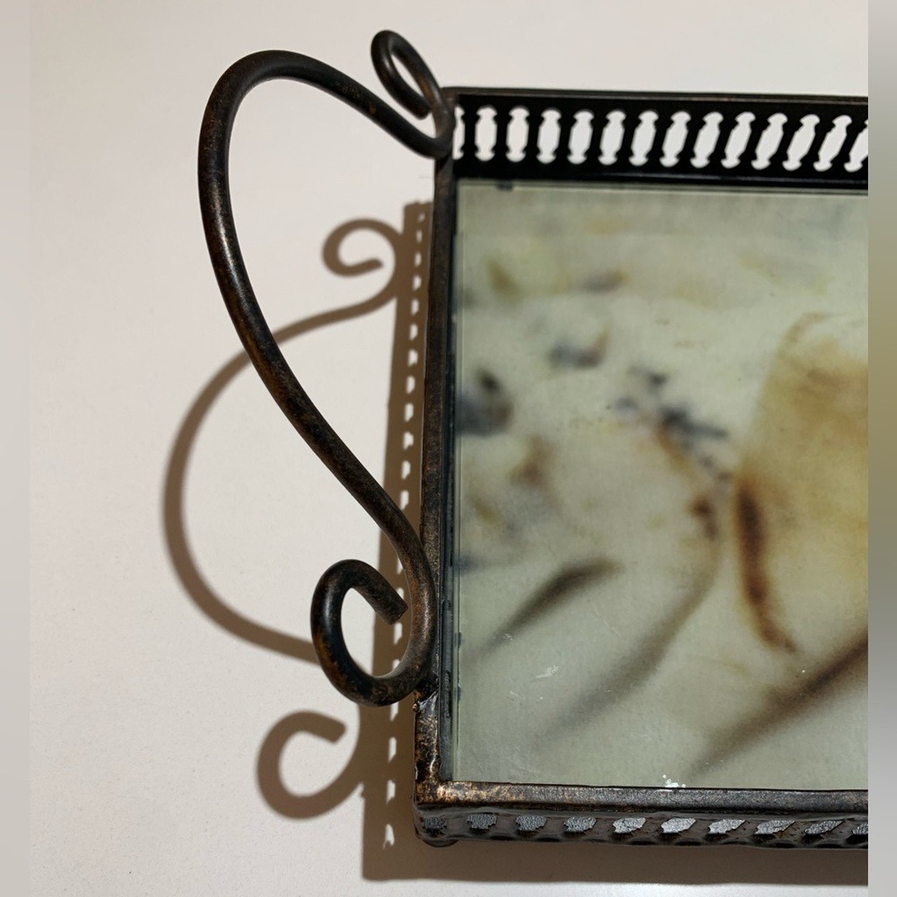 Antique Vanity Plateau Tray Shells Print Rod Iron W/Handles Perfume Jewelry Bath - Picture 3 of 9